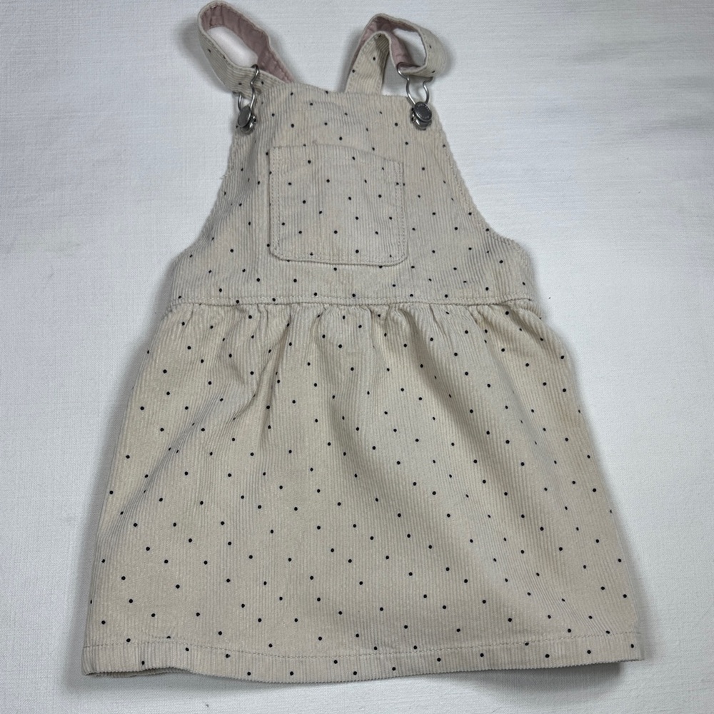 Zara‎ Cream Polka Dot Corduroy Overall Dress with Pink Straps